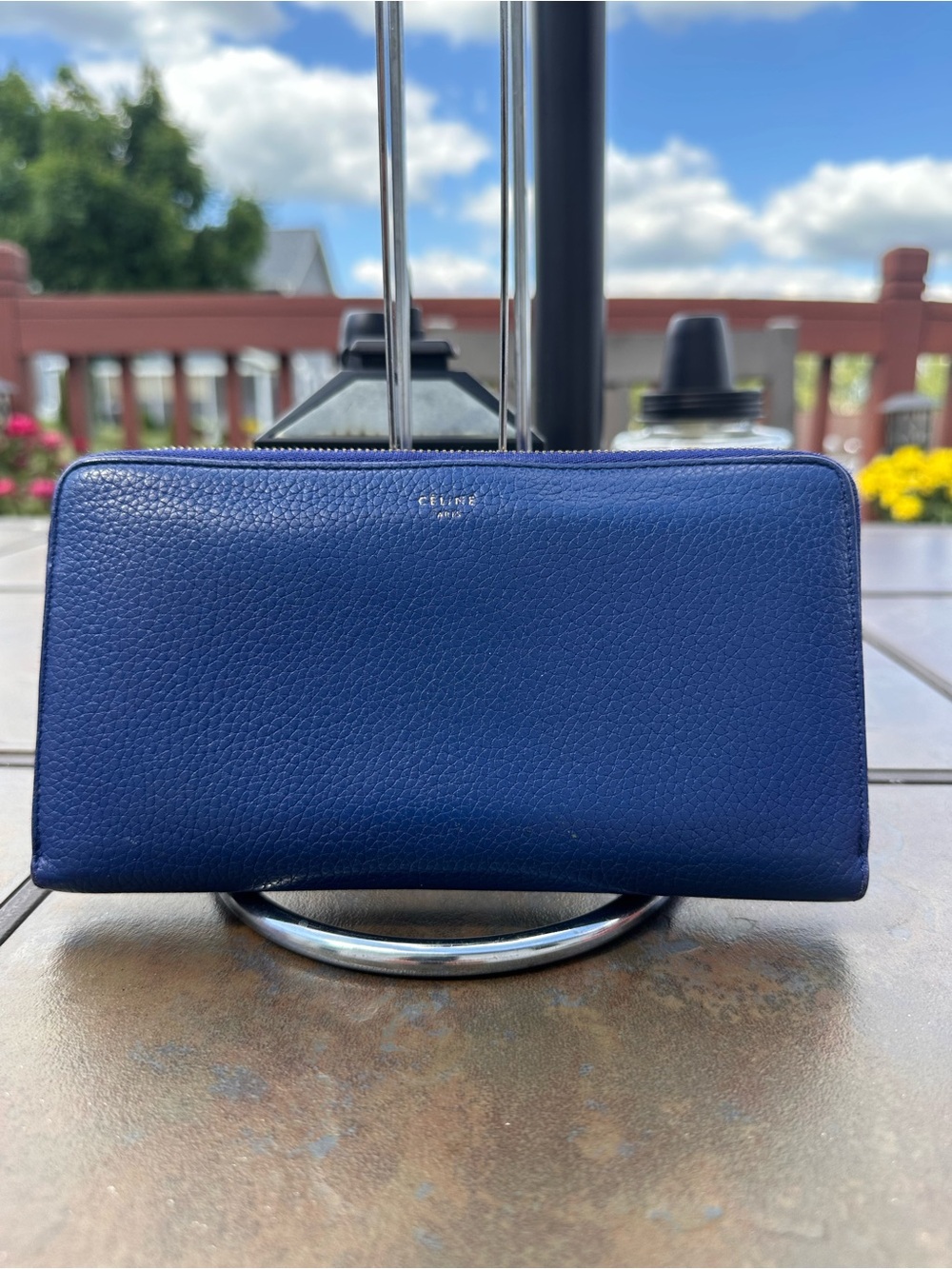 Celine Drummed Calfskin Blue Leather Zip-Around Wallet